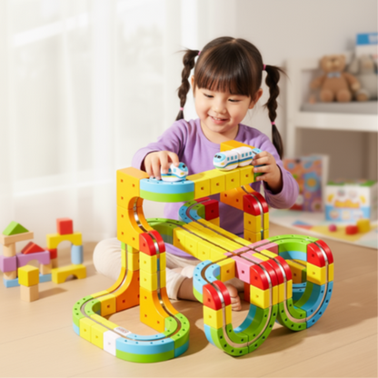 Clickrail Electric Train Set Flexible Race Track,3D STEM Magic Rail Cube Train Set, Magnetic Train Track Set, Gravity-Defying 3D Embedded Layouts & Motorized Car For Kids Boys Girls (123Pcs)