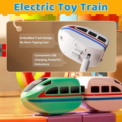 Clickrail Electric Train Set Flexible Race Track,3D STEM Magic Rail Cube Train Set, Magnetic Train Track Set, Gravity-Defying 3D Embedded Layouts & Motorized Car For Kids Boys Girls (123Pcs)