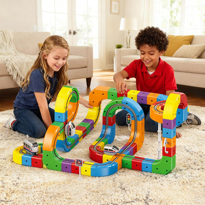 Clickrail Electric Train Set Flexible Race Track,3D STEM Magic Rail Cube Train Set, Magnetic Train Track Set, Gravity-Defying 3D Embedded Layouts & Motorized Car For Kids Boys Girls (123Pcs)