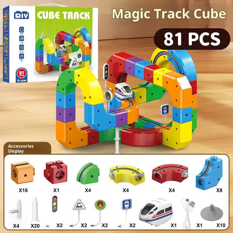 Clickrail Electric Train Set Flexible Race Track,3D STEM Magic Rail Cube Train Set, Magnetic Train Track Set, Gravity-Defying 3D Embedded Layouts & Motorized Car For Kids Boys Girls (123Pcs)