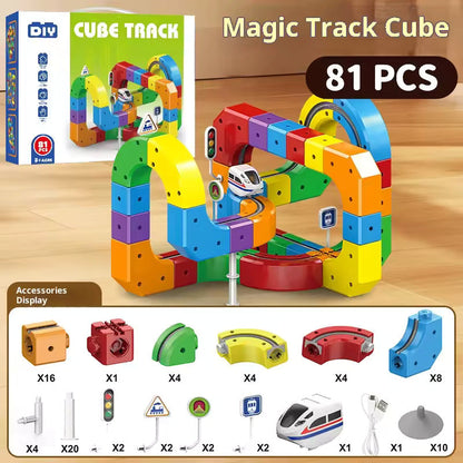 Clickrail Electric Train Set Flexible Race Track,3D STEM Magic Rail Cube Train Set, Magnetic Train Track Set, Gravity-Defying 3D Embedded Layouts & Motorized Car For Kids Boys Girls (123Pcs)