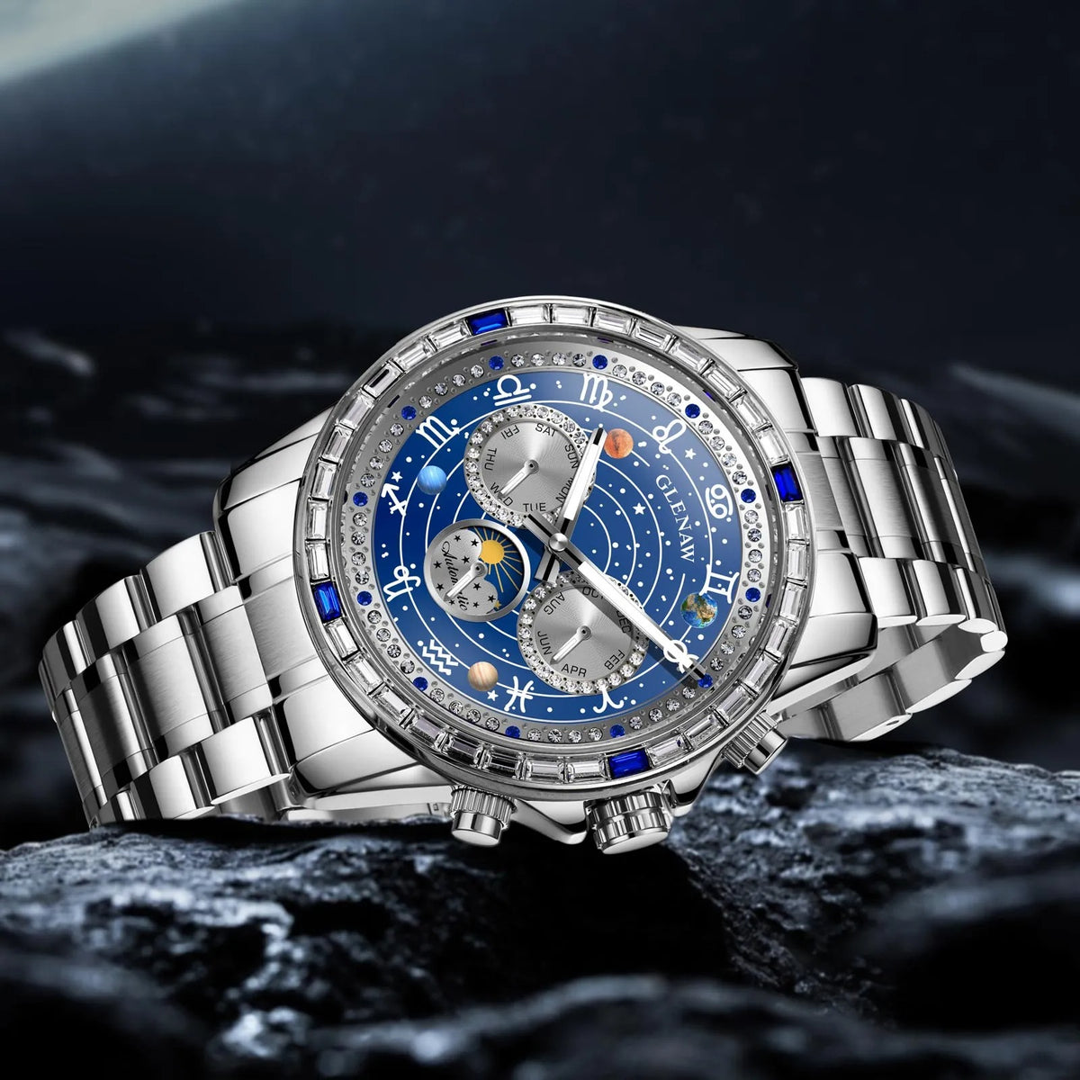 2026 Glenaw New High-End Business Luxury Automatic Mechanical Watch with 12 Zodiac Dial, Gem-Set Steel Case