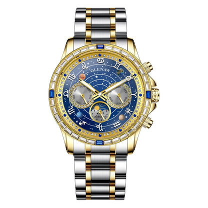 2026 Glenaw New High-End Business Luxury Automatic Mechanical Watch with 12 Zodiac Dial, Gem-Set Steel Case