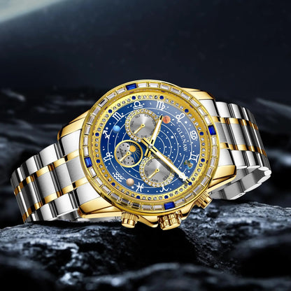 2026 Glenaw New High-End Business Luxury Automatic Mechanical Watch with 12 Zodiac Dial, Gem-Set Steel Case