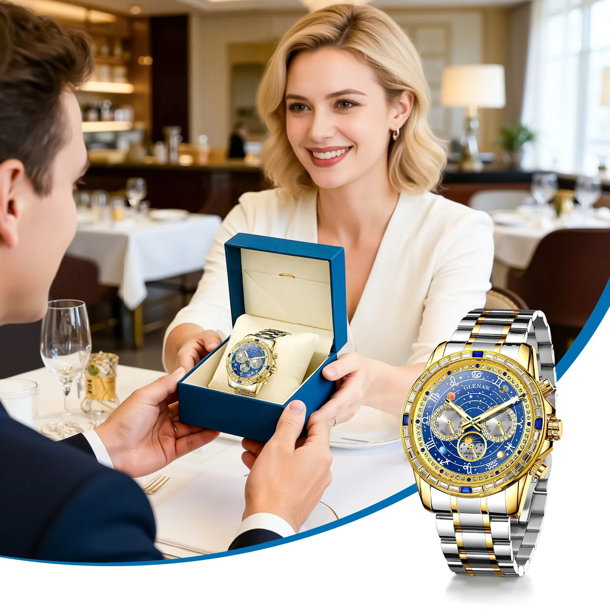 2026 Glenaw New High-End Business Luxury Automatic Mechanical Watch with 12 Zodiac Dial, Gem-Set Steel Case